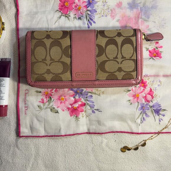 Coach Signature Canvas Wallet - Tan & Pink Y2K - Picture 1 of 11